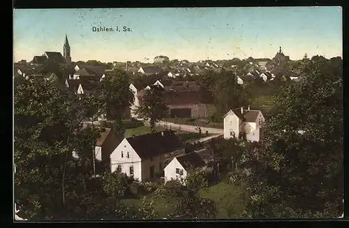 AK Dahlen i. Sa., Generalansicht der Ortschaft, Blick zur Kirche