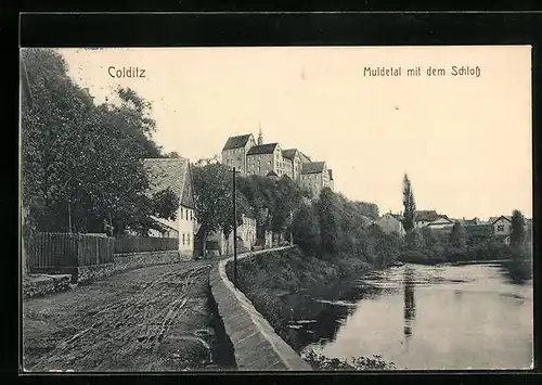 AK Colditz, Muldetal mit dem Schloss vom Uferweg aus gesehen