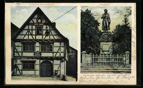 AK Marbach, Blick auf Schillers Geburtshaus, am Denkmal des Schriftstellers