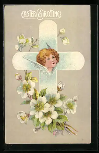 Präge-AK Osterengel auf Kreuz