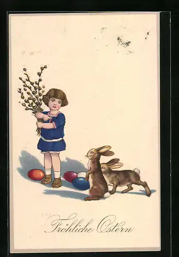 AK Mädchen begegnet Osterhasen
