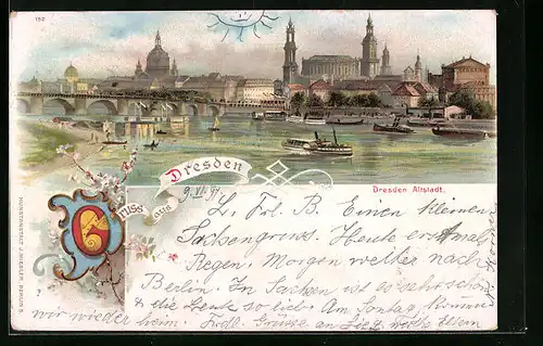 Lithographie Dresden, Altstadt, Elbpartie mit Dampfschiffen