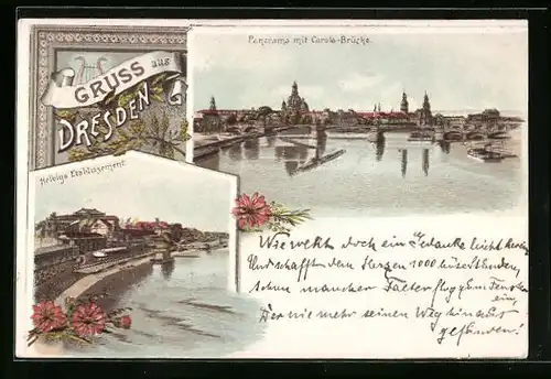 Lithographie Dresden, Panorama mit Carola-Brücke, Helbigs Etablissement