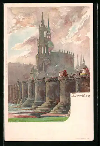 Lithographie Dresden, Blick zur Hofkirche