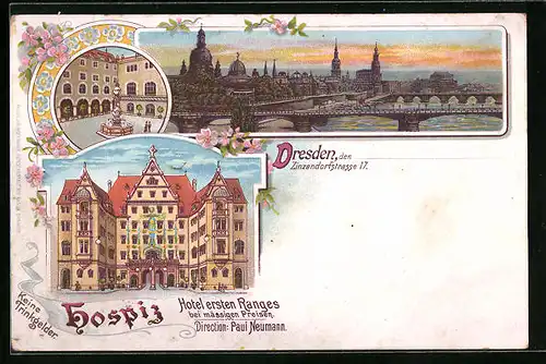 Lithographie Dresden, Hotel Hospiz, Zinzendorfstrasse 17, Brunnen, Teilansicht mit Brücke