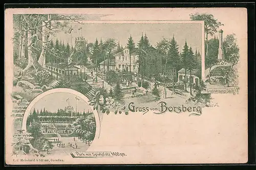 AK Dresden, Borsberg, Gasthaus mit Aussichtsturm, Park mit Spielplatz, Gradmessungs-Säule