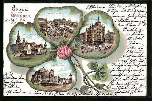 Passepartout-Lithographie Dresden, Haupt-Bahnhof, Kaiser-Palast und Hoftheater im Kleeblatt