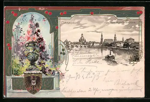 Passepartout-Lithographie Dresden, Teilansicht mit Dampfer von der Marienbrücke, Wappen