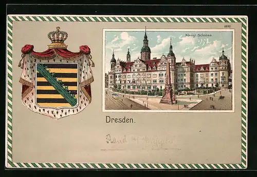Passepartout-Lithographie Dresden, Königliches Schloss mit Denkmal, Wappen