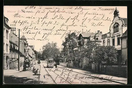 AK Dresden-Weisser Hirsch, Bautznerstrase mit Haus Saxonia und Geschäften, Strassenbahn