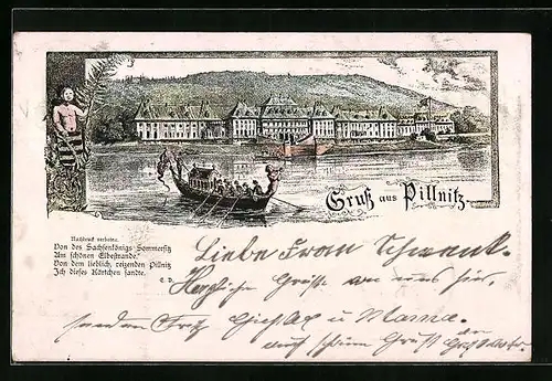 Lithographie Pillnitz, Uferpartie mit Boot