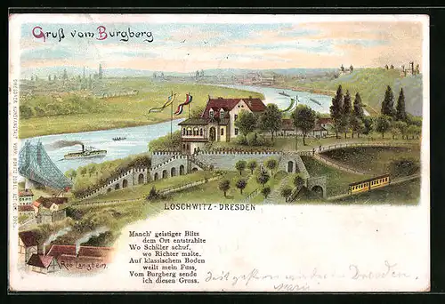 Lithographie Dresden-Loschwitz, Burgberg mit Hotel und Dampfer