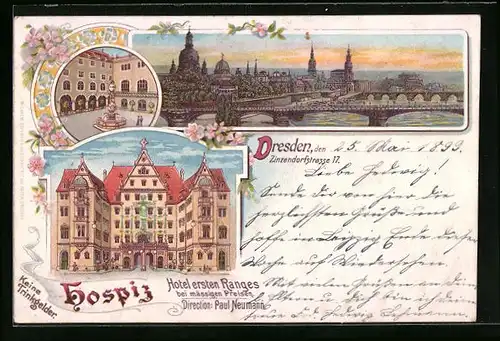 Lithographie Dresden, Hotel Hospiz, Zinzendorfstrasse 17, Brunnen, Teilansicht mit Brücke
