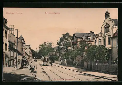 AK Dresden-Weisser Hirsch, Bautznerstrasse mit Haus Saxonia und Geschäften, Strassenbahn