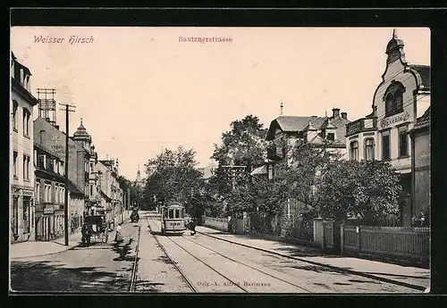 AK Dresden-Weisser Hirsch, Bautznerstrasse mit Haus Saxonia und Geschäften, Strassenbahn