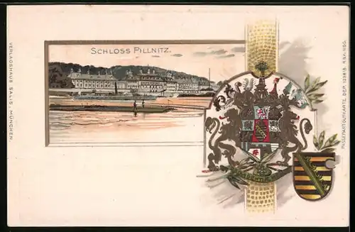 Passepartout-Lithographie Pillnitz, Schloss Pillnitz, Wappen