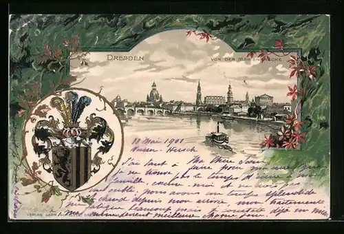 Passepartout-Lithographie Dresden, Teilansicht mit Dampfboot von der Marienbrücke, Wappen