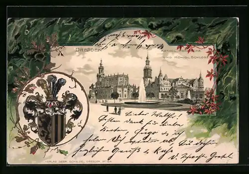 Passepartout-Lithographie Dresden, Katholische Hofkirche und Königlisches Schloss mit Fontäne, Wappen