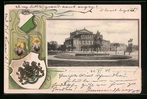 Passepartout-Lithographie Dresden, Königliches Opernhaus, Wappen