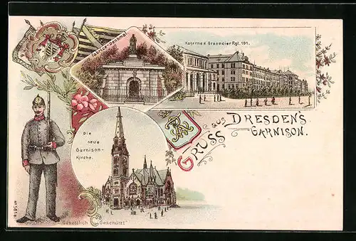 Lithographie Dresden, Dresden`s Garnison, Die neue Garnison-Kirche, Fabrice-Denkmal, Kaserne d. Grenadier Rgt. 101
