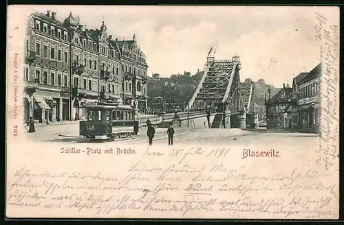 AK Blasewitz, Schiller-Platz mit Geschäften und Brücke, Strassenbahn