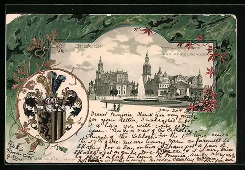 Passepartout-Lithographie Dresden, Katholische Hofkirche und Königlisches Schloss mit Fontäne, Wappen
