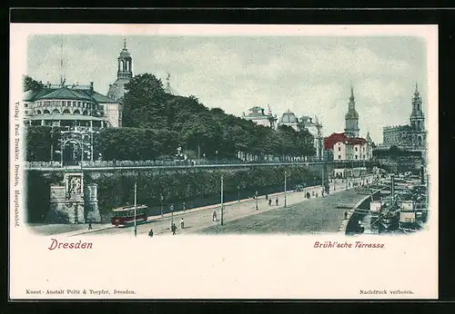 AK Dresden, Brühl`sche Terrasse mit Ufer und Strassenbahn