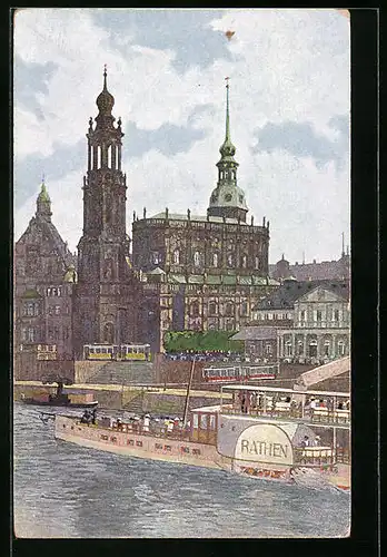 AK Dresden, Schloss, Hofkirche, Italienisches Dörfchen, Dampfer Rathen