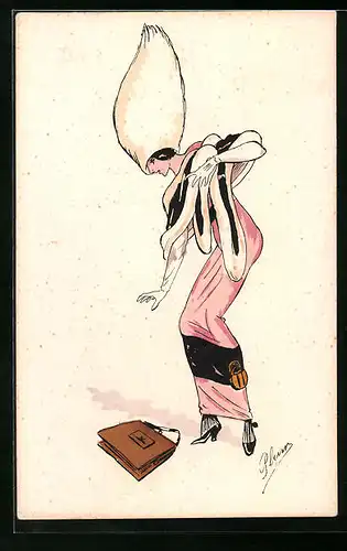 Künstler-AK Plum: Frau, in Pelz eingehüllt, bückt sich nach Tasche