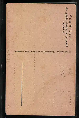Künstler-AK Van Albert, der grösste Mensch, der je gelebt, 19 Jahre alt