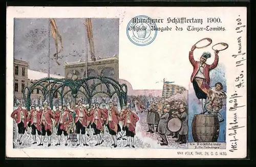 Künstler-AK München, Schäfflertanz 1900 mit II. Reifschwinger Nik. Riedelsheimer