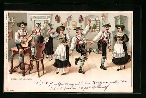 Lithographie Schuhplattlertanz in der Stube
