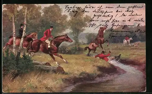 Künstler-AK Robert Kämmerer: Reiter auf der Jagd stürzt in einen Graben