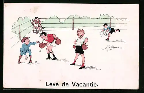 Künstler-AK Jack Number: Leve de Vacantie, Knaben beim Boxen