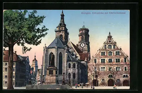 AK Stuttgart, Stiftskirche mit Schillerdenkmal