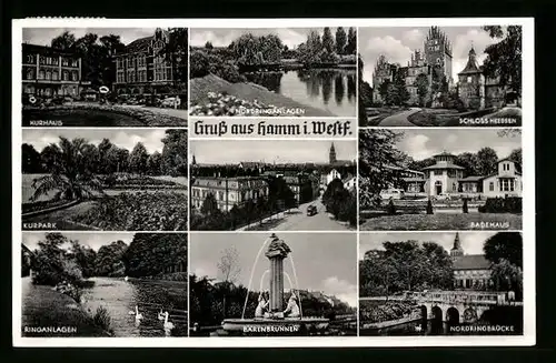 AK Hamm /Westf., Bärenbrunnen, Schloss Heessen und Kurpark