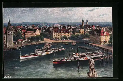 AK Lindau /Bodensee, Hafenpartie mit Dampfern und Blick über Stadt