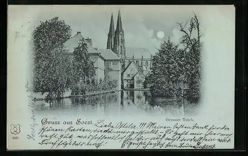 Mondschein-AK Soest, Grosser Teich und Kirche