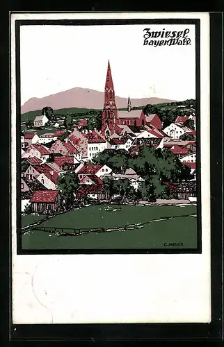 Steindruck-AK Zwiesel /Bayerischer Wald, Ortsansicht mit Kirche