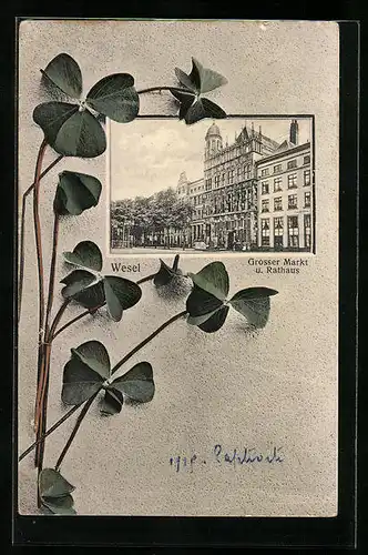 AK Wesel, Grosser Markt und Rathaus im Rahmen mit Blättern