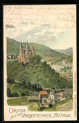 Lithographie Obernhof, Arnsteiner Mühle, Dom im Hintergrund