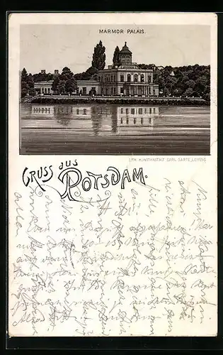 Lithographie Potsdam, Marmor Palais vom Wasser aus