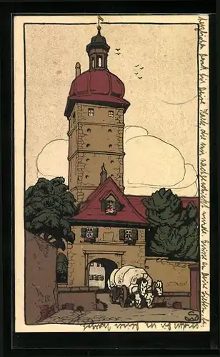 Steindruck-AK Dinkelsbühl, Segringer-Tor mit Planwagen