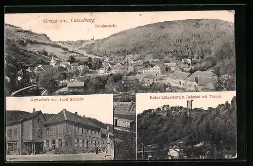 AK Lützelburg, Gasthaus von Josef Schmitt, Ruine mit Bahnhof und Tunnel