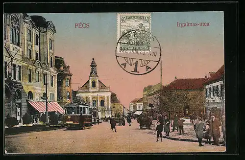 AK Pecs, Irgalmas-utca, Strassenbahn
