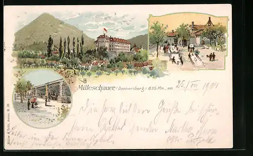 Lithographie Milleschauer, Ortsansicht mit Donnersberg, Gasthaus