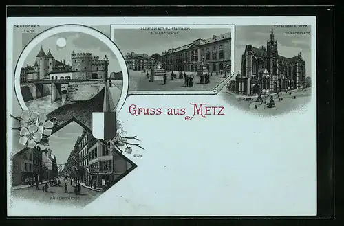 Mondschein-Lithographie Metz, Römerstrasse, Deutsches Thor, Paradeplatz mit Stadthaus