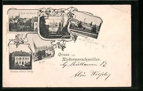 AK Niedermorschweiller, Gasthaus Gabriel Bohler, Bleicherei Dumeril Jaegle & Cie