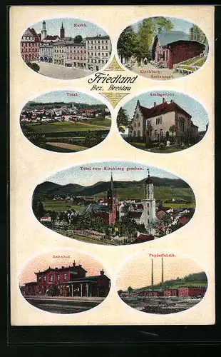 AK Friedland, Kirchberg-Restaurant, Markt, Bahnhof, Papierfabrik