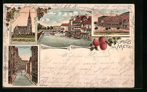 Lithographie Metz, Felsenstrasse, Garnisons-Kirche, Gerbergraben